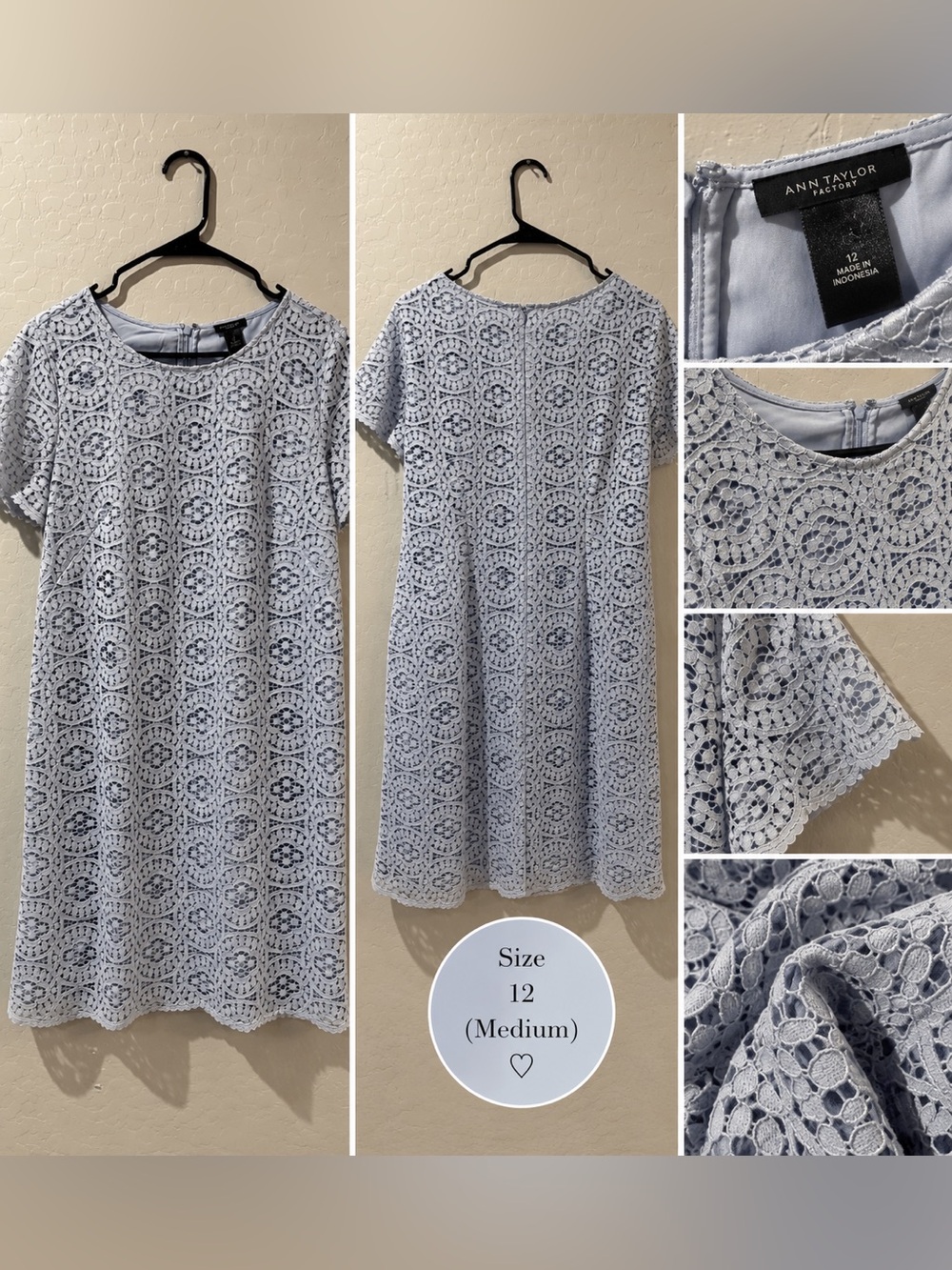 Ann Taylor Factory Light Blue Crochet Lace Shift Dress Size 12
